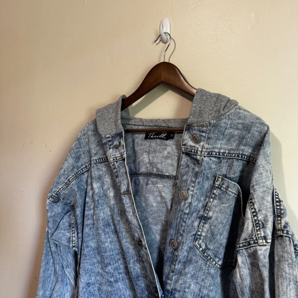 Thrill Men's Sz 2x Blue Acid Wash Hooded Denim Jacket 100% Cotton Grunge